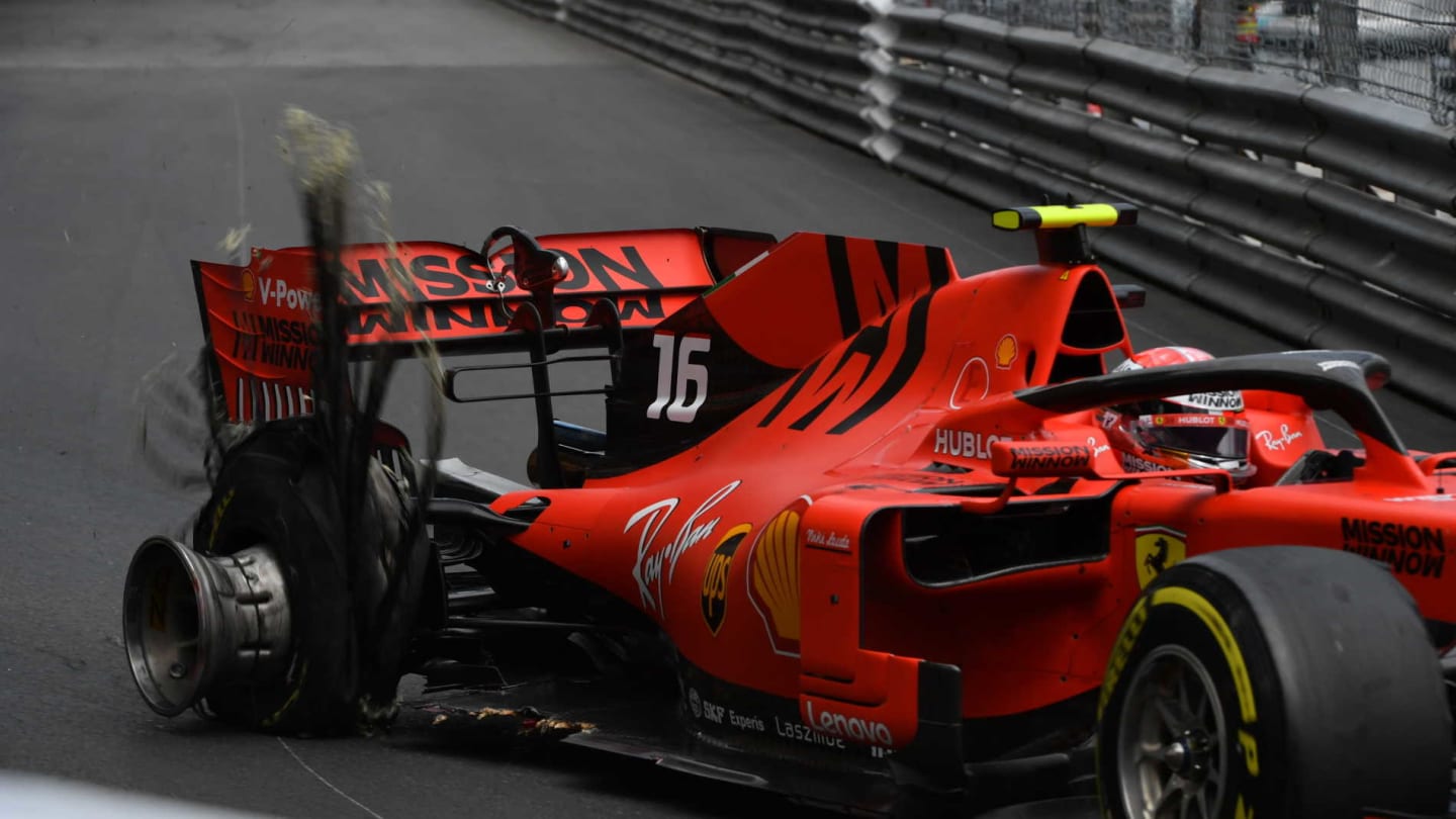 MONTE CARLO, MONACO - MAY 26: Charles Leclerc, Ferrari SF90, with a rear puncture during the Monaco GP at Monte Carlo on May 26, 2019 in Monte Carlo, Monaco. (Photo by Mark Sutton / Sutton Images)