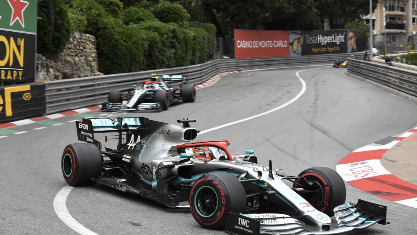 MONTE CARLO, MONACO - MAY 26: Lewis Hamilton, Mercedes AMG F1 W10, leads Valtteri Bottas, Mercedes AMG W10 during the Monaco GP at Monte Carlo on May 26, 2019 in Monte Carlo, Monaco. (Photo by Gareth Harford / Sutton Images)