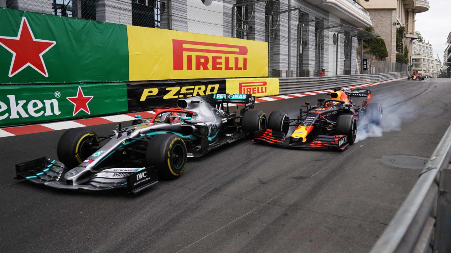 MONTE CARLO, MONACO - MAY 26: Max Verstappen, Red Bull Racing RB15, makes contact with leader Lewis