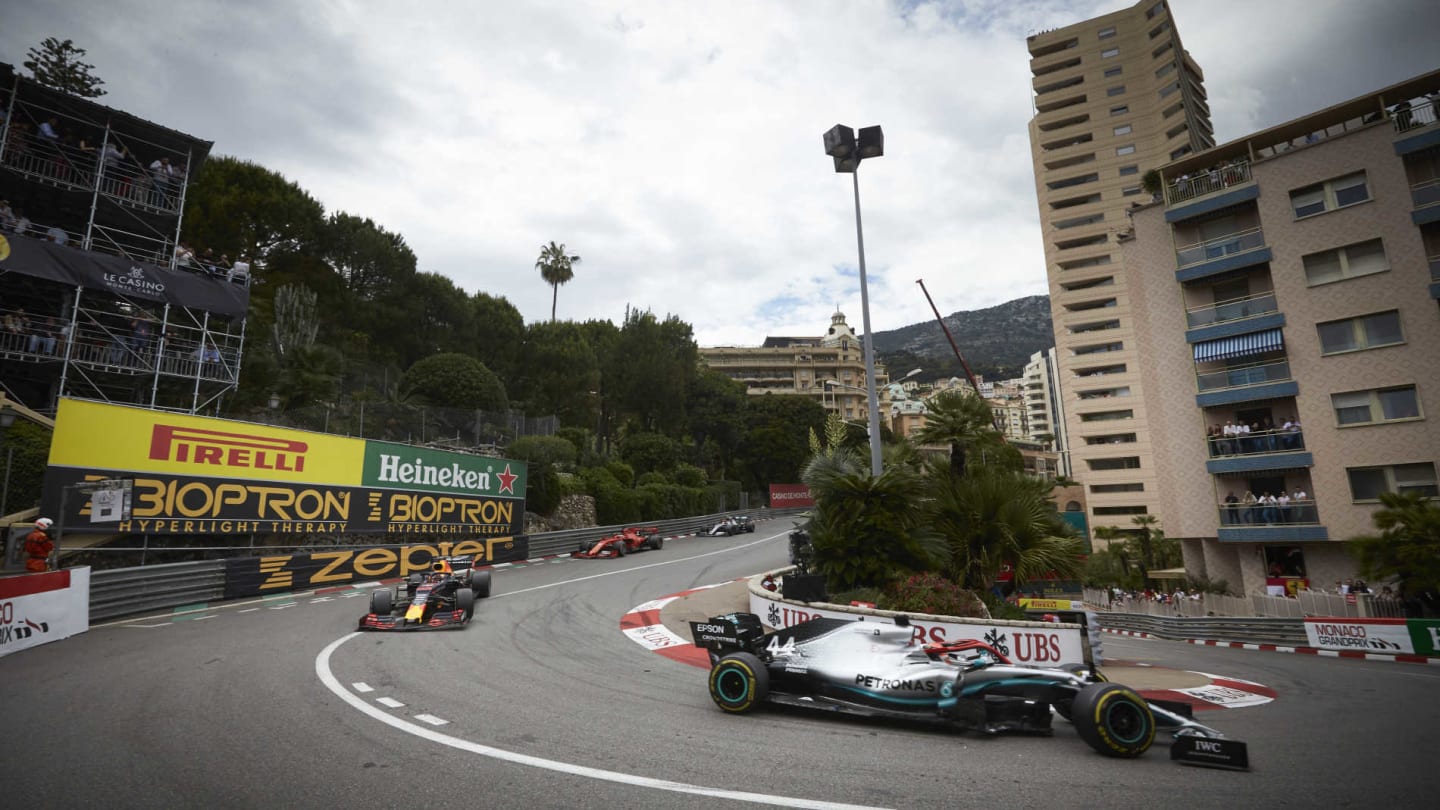 MONTE CARLO, MONACO - MAY 26: Lewis Hamilton, Mercedes AMG F1 W10, leads Max Verstappen, Red Bull