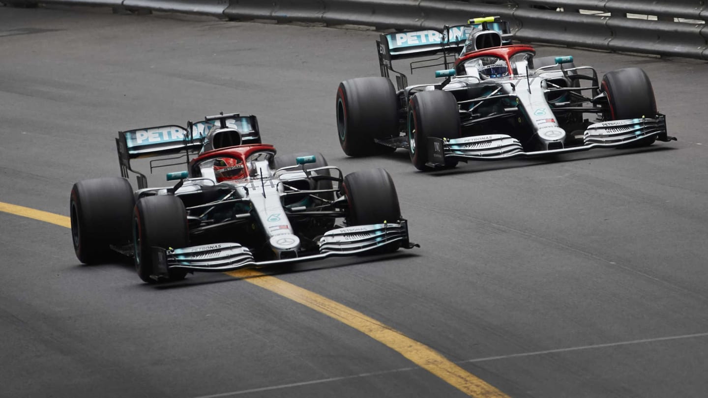 MONTE CARLO, MONACO - MAY 26: Lewis Hamilton, Mercedes AMG F1 W10, leads Valtteri Bottas, Mercedes