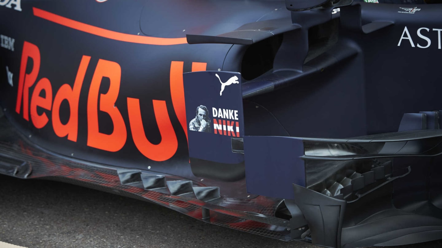 MONTE CARLO, MONACO - MAY 22: Thank You Niki logo on the side of the Red Bull Racing RB15 in