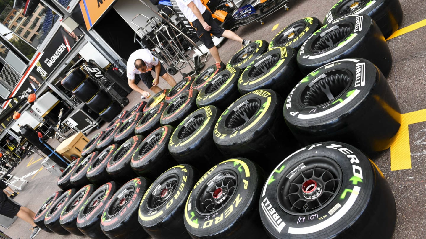 MONTE CARLO, MONACO - MAY 22: Pirelli tyres during the Monaco GP at Monte Carlo on May 22, 2019 in