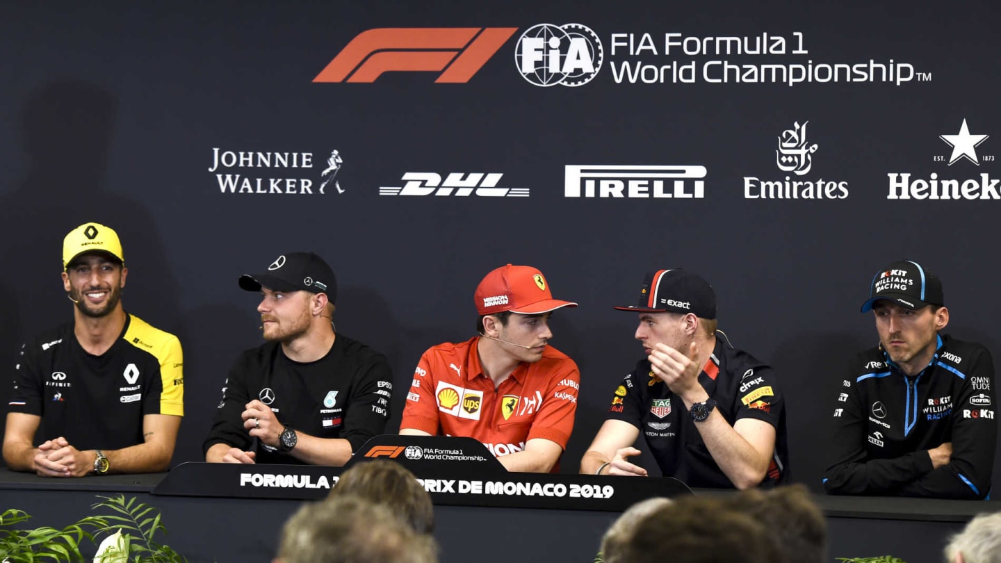 MONTE CARLO, MONACO - MAY 22: Daniel Ricciardo, Renault F1 Team, Valtteri Bottas, Mercedes AMG F1, Charles Leclerc, Ferrari, Max Verstappen, Red Bull Racing and Robert Kubica, Williams Racing in Press Conference during the Monaco GP at Monte Carlo on May 22, 2019 in Monte Carlo, Monaco. (Photo by Gareth Harford / Sutton Images)