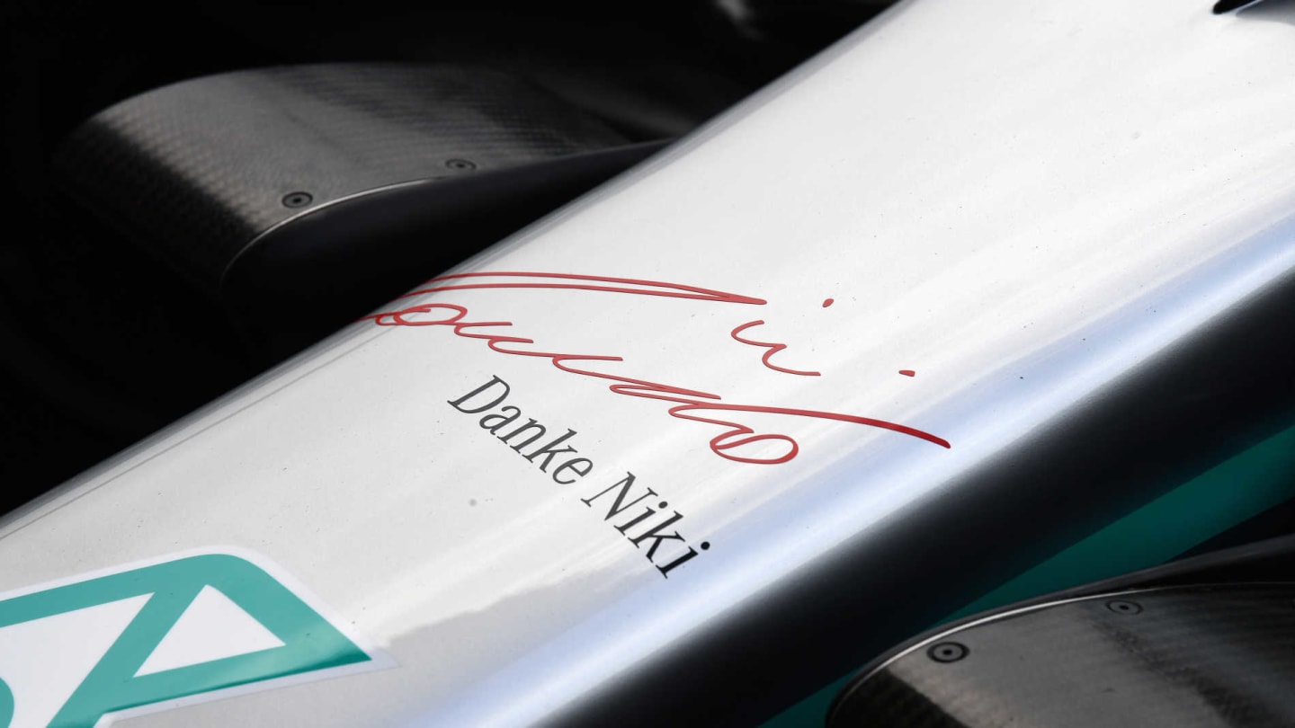 MONTE CARLO, MONACO - MAY 22: Thank You Niki logo on the front of the Mercedes AMG W10 in tribute