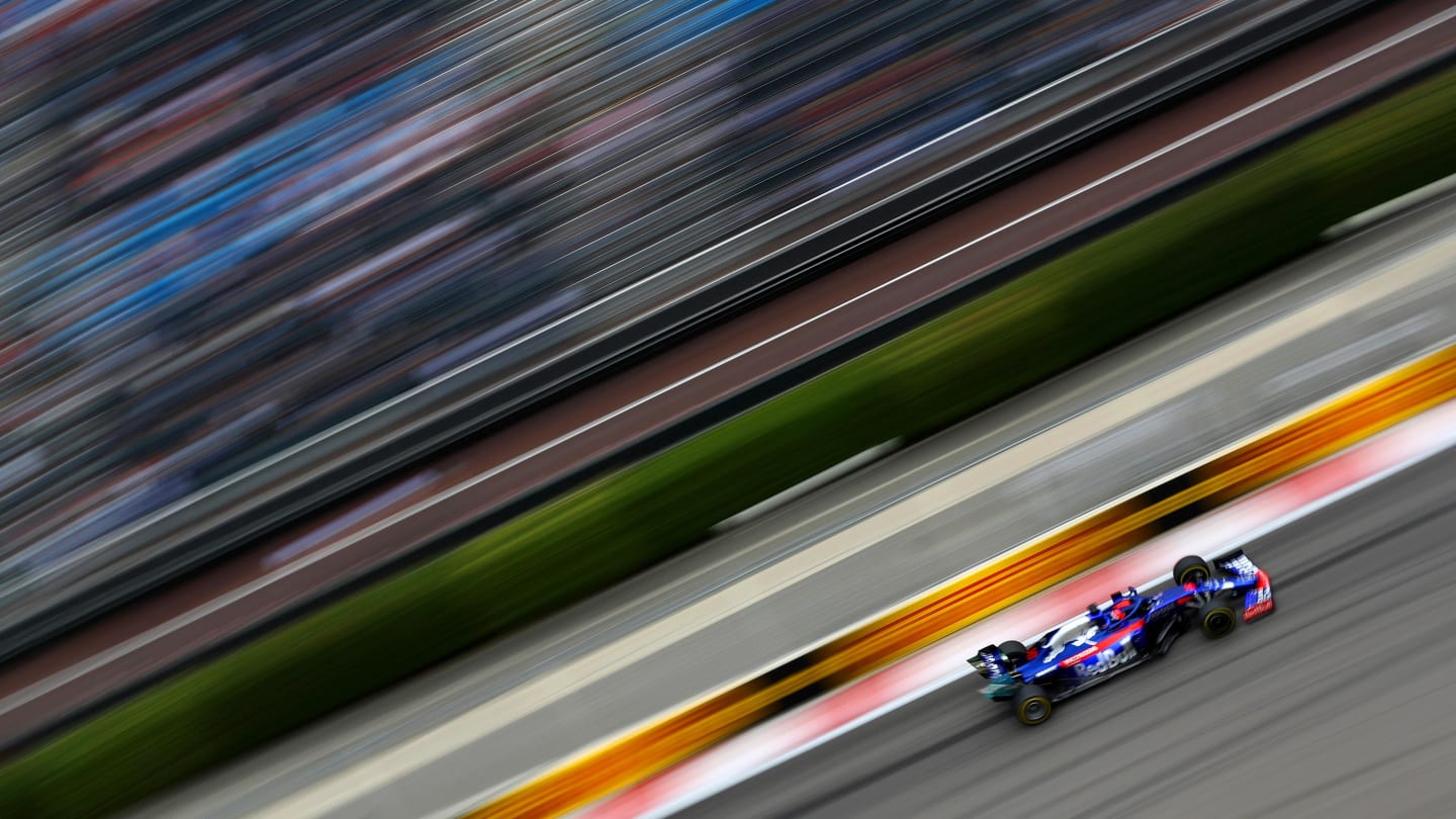 SOCHI, RUSSIA - SEPTEMBER 27: Daniil Kvyat driving the (26) Scuderia Toro Rosso STR14 Honda on track during practice for the F1 Grand Prix of Russia at Sochi Autodrom on September 27, 2019 in Sochi, Russia. (Photo by Mark Thompson/Getty Images)
