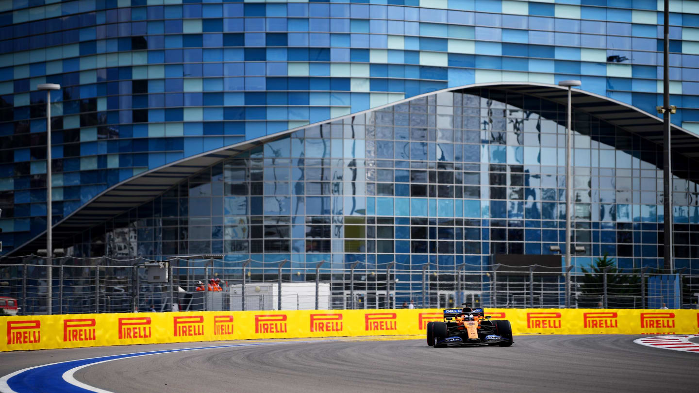 SOCHI, RUSSIA - SEPTEMBER 27: Carlos Sainz of Spain driving the (55) McLaren F1 Team MCL34 Renault on track during practice for the F1 Grand Prix of Russia at Sochi Autodrom on September 27, 2019 in Sochi, Russia. (Photo by Clive Mason/Getty Images)