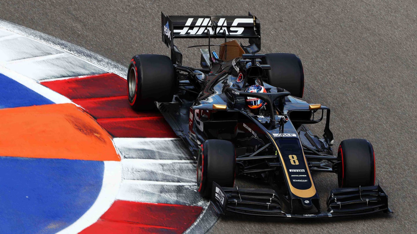 SOCHI, RUSSIA - SEPTEMBER 28: Romain Grosjean of France driving the (8) Haas F1 Team VF-19 Ferrari