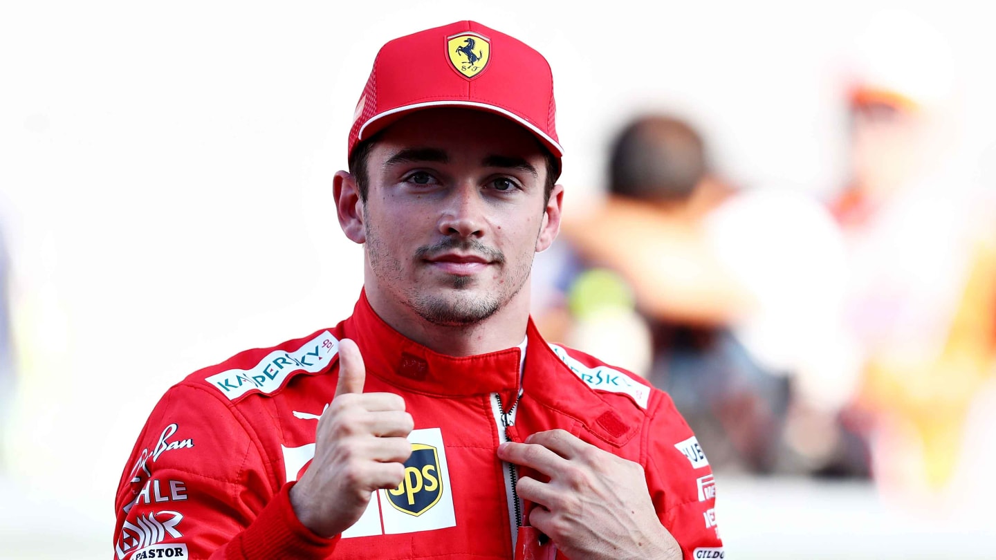 SOCHI, RUSSIA - SEPTEMBER 28: Pole position qualifier Charles Leclerc of Monaco and Ferrari celebrates in parc ferme during qualifying for the F1 Grand Prix of Russia at Sochi Autodrom on September 28, 2019 in Sochi, Russia. (Photo by Mark Thompson/Getty Images)