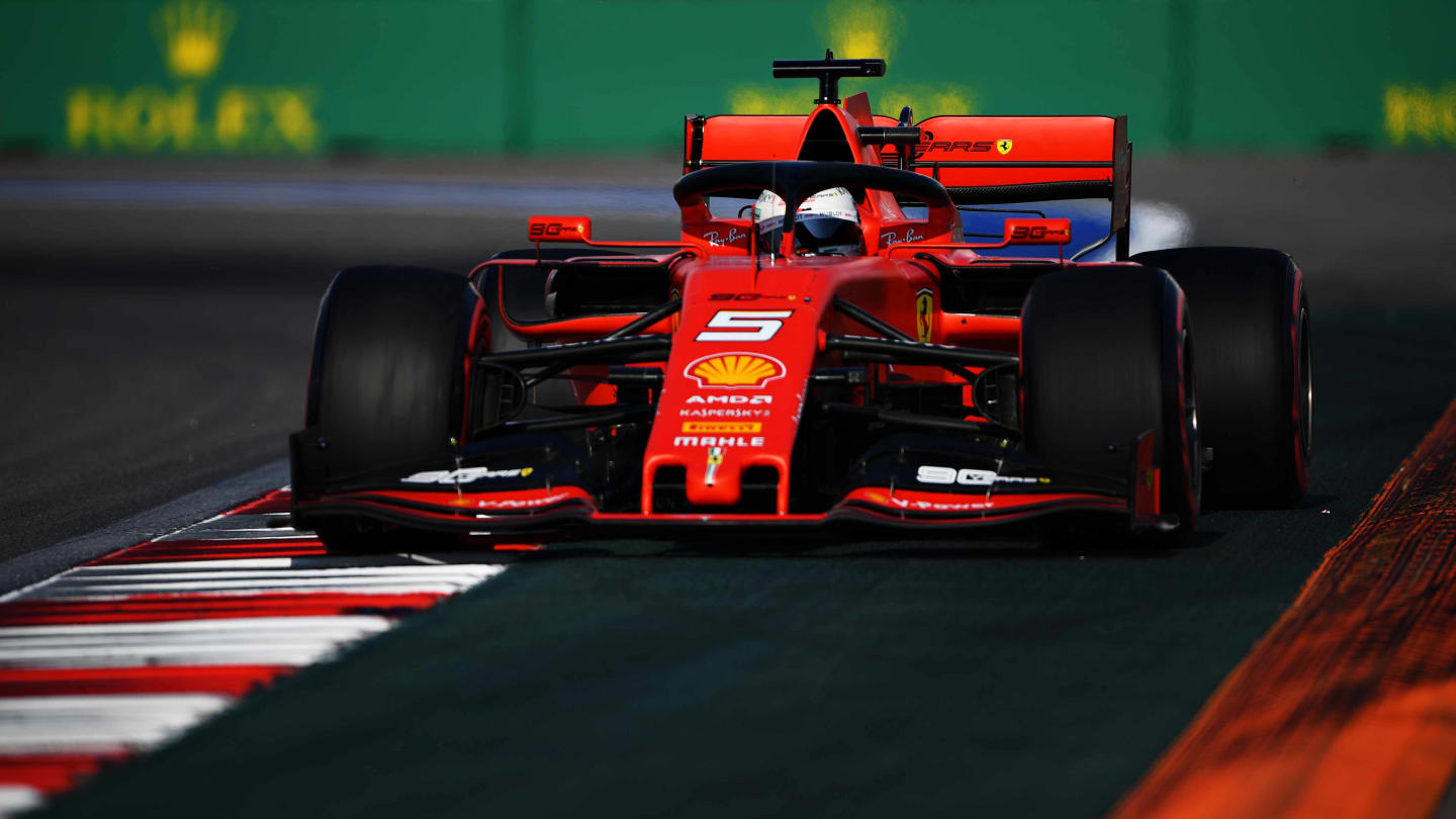 SOCHI, RUSSIA - SEPTEMBER 28: Sebastian Vettel of Germany driving the (5) Scuderia Ferrari SF90 on track during qualifying for the F1 Grand Prix of Russia at Sochi Autodrom on September 28, 2019 in Sochi, Russia. (Photo by Clive Mason/Getty Images)