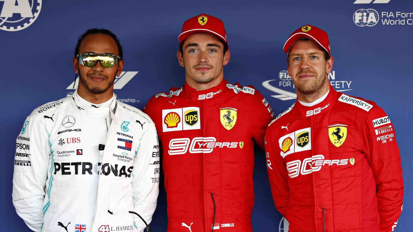SOCHI, RUSSIA - SEPTEMBER 28: Top three qualifiers Charles Leclerc of Monaco and Ferrari,Lewis