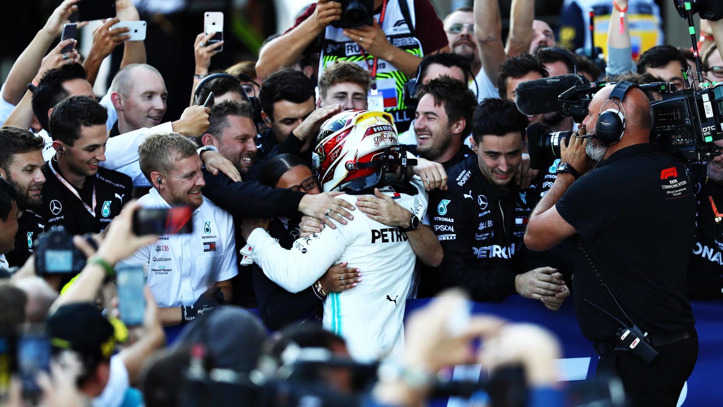 SOCHI, RUSSIA - SEPTEMBER 29: Race winner Lewis Hamilton of Great Britain and Mercedes GP celebrates in parc ferme during the F1 Grand Prix of Russia at Sochi Autodrom on September 29, 2019 in Sochi, Russia. (Photo by Mark Thompson/Getty Images)
