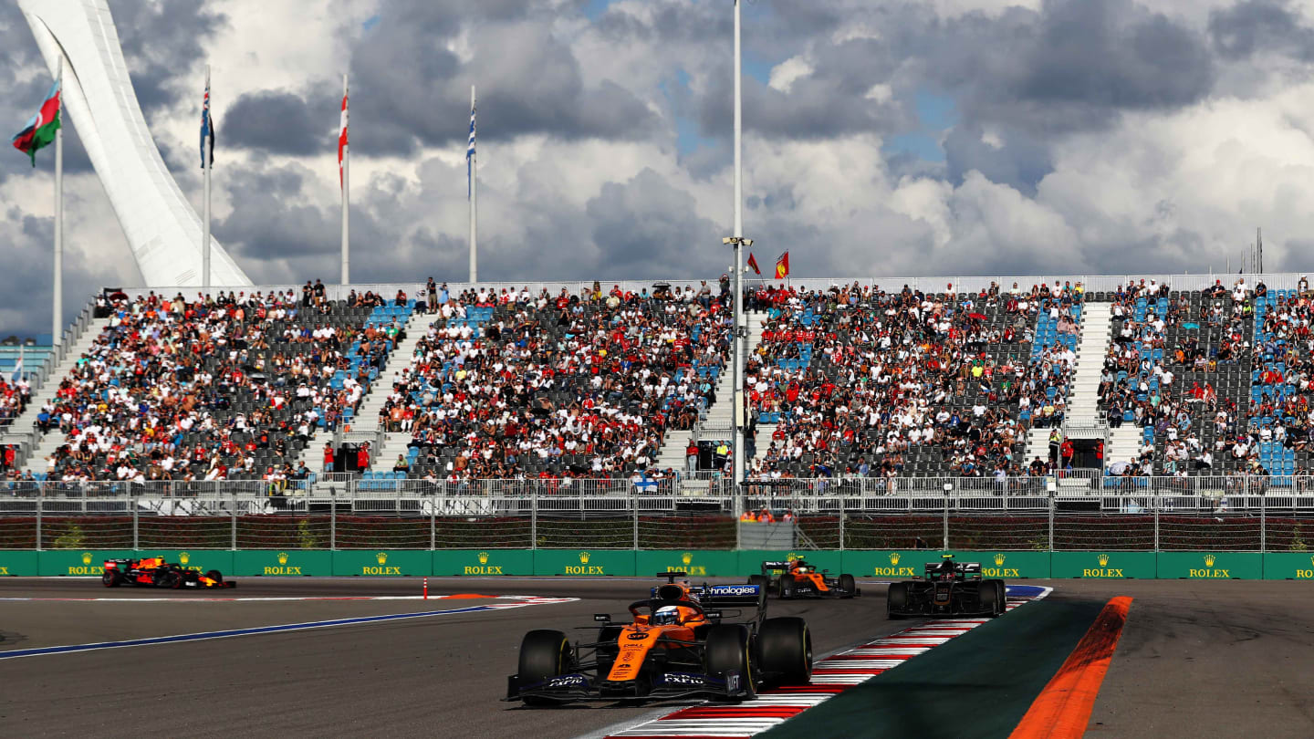 SOCHI, RUSSIA - SEPTEMBER 29: Carlos Sainz of Spain driving the (55) McLaren F1 Team MCL34 Renault