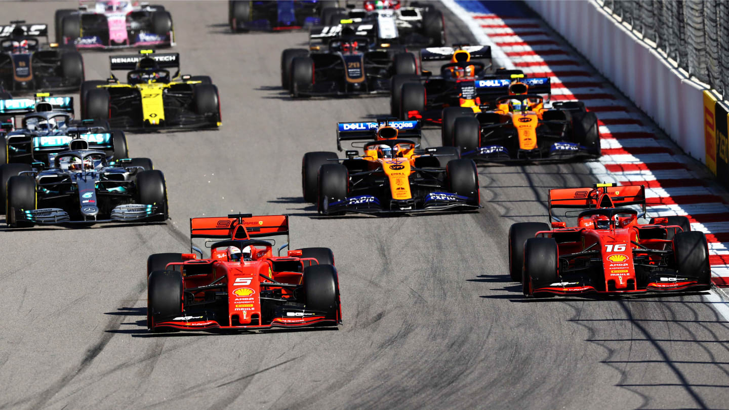 SOCHI, RUSSIA - SEPTEMBER 29: Sebastian Vettel of Germany driving the (5) Scuderia Ferrari SF90 and