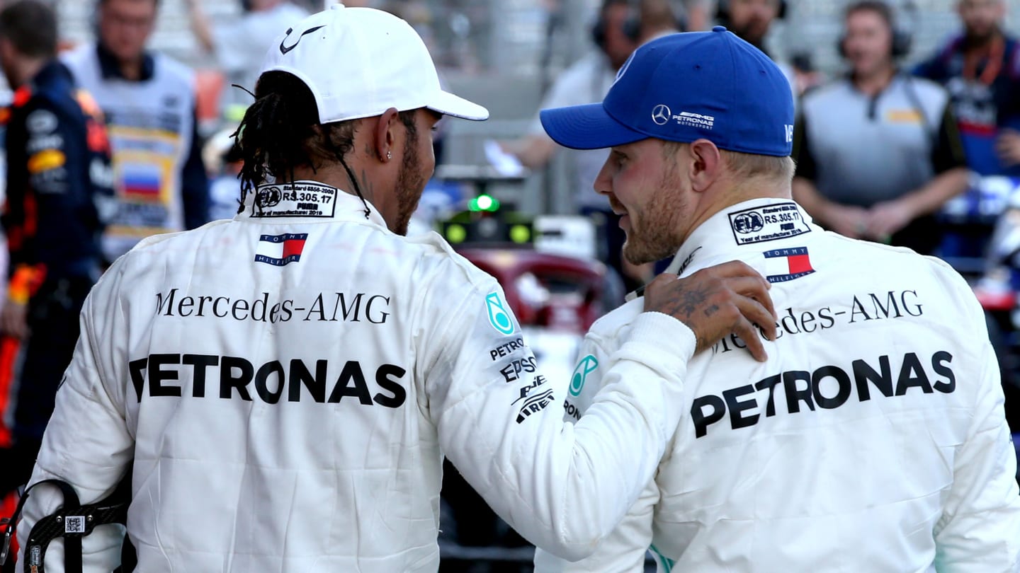 SOCHI, RUSSIA - SEPTEMBER 29: Race winner Lewis Hamilton of Great Britain and Mercedes GP and second placed Valtteri Bottas of Finland and Mercedes GP celebrate in parc ferme during the F1 Grand Prix of Russia at Sochi Autodrom on September 29, 2019 in Sochi, Russia. (Photo by Charles Coates/Getty Images)