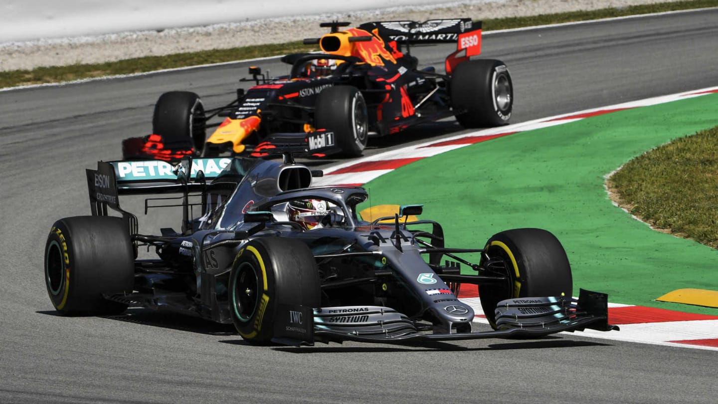 CIRCUIT DE BARCELONA-CATALUNYA, SPAIN - MAY 10: Lewis Hamilton, Mercedes AMG F1 W10, leads Max