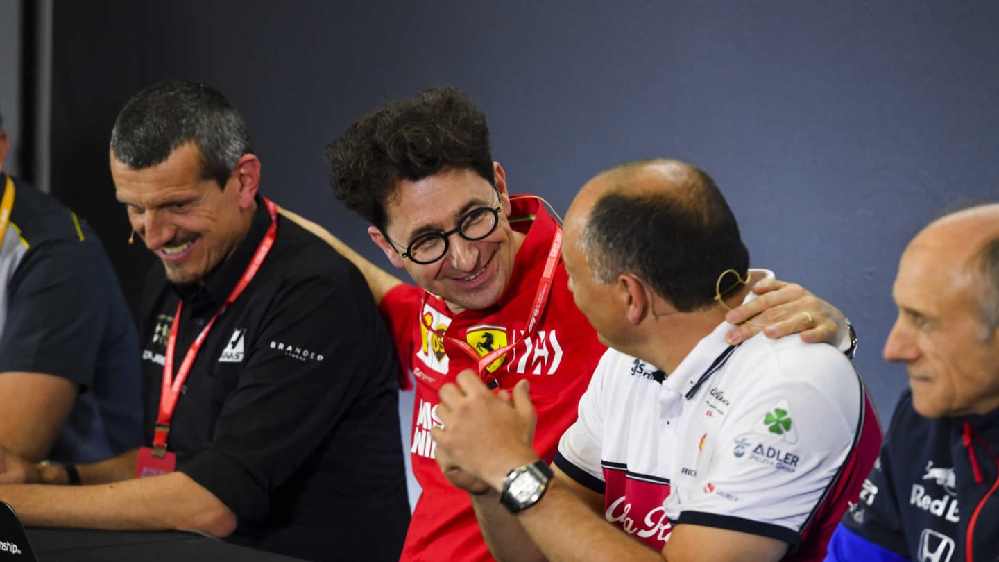 CIRCUIT DE BARCELONA-CATALUNYA, SPAIN - MAY 10: Guenther Steiner, Team Principal, Haas F1, Mattia Binotto, Team Principal Ferrari, Frederic Vasseur, Team Principal, Alfa Romeo Racing, and Franz Tost, Team Principal, Toro Rosso, in the team principals Press Conference during the Spanish GP at Circuit de Barcelona-Catalunya on May 10, 2019 in Circuit de Barcelona-Catalunya, Spain. (Photo by Simon Galloway / Sutton Images)