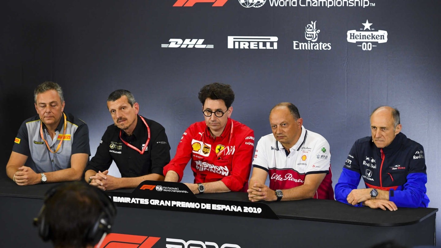 CIRCUIT DE BARCELONA-CATALUNYA, SPAIN - MAY 10: Mario Isola, Racing Manager, Pirelli Motorsport, Guenther Steiner, Team Principal, Haas F1, Mattia Binotto, Team Principal Ferrari, Frederic Vasseur, Team Principal, Alfa Romeo Racing, and Franz Tost, Team Principal, Toro Rosso, in the team principals Press Conference during the Spanish GP at Circuit de Barcelona-Catalunya on May 10, 2019 in Circuit de Barcelona-Catalunya, Spain. (Photo by Simon Galloway / Sutton Images)