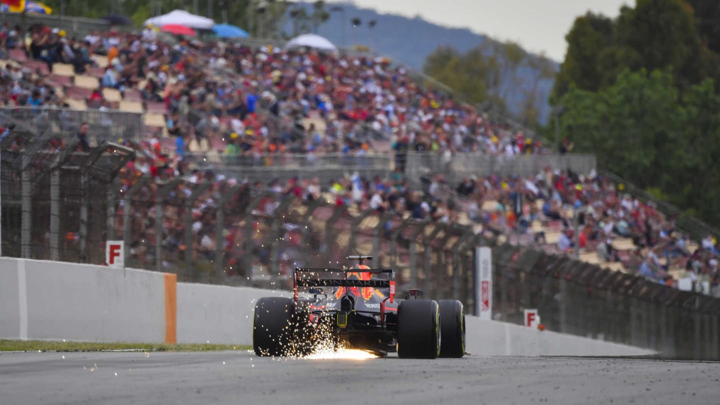 CIRCUIT DE BARCELONA-CATALUNYA, SPAIN - MAY 11: Sparks fly from the rear of Max Verstappen, Red Bull Racing RB15 during the Spanish GP at Circuit de Barcelona-Catalunya on May 11, 2019 in Circuit de Barcelona-Catalunya, Spain. (Photo by Jerry Andre / Sutton Images)