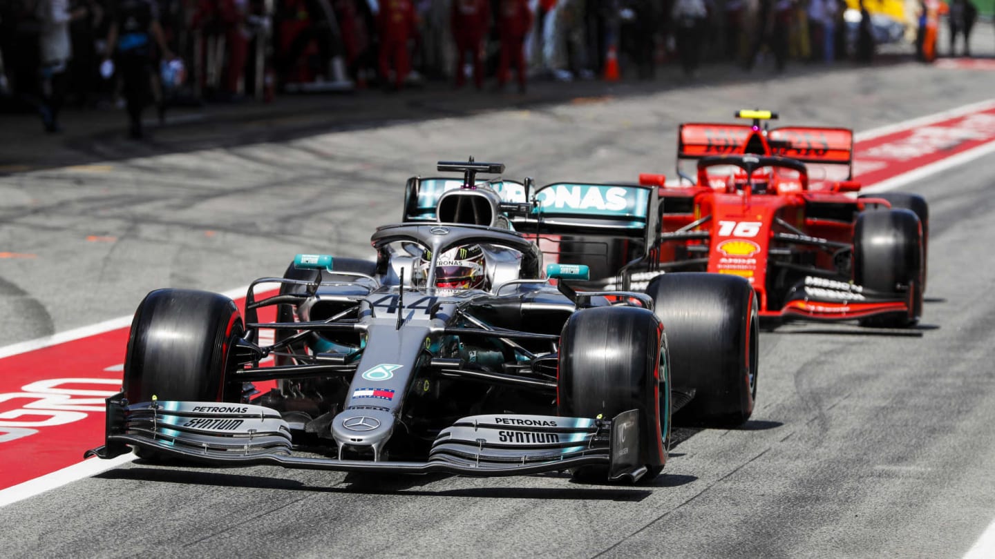 CIRCUIT DE BARCELONA-CATALUNYA, SPAIN - MAY 11: Lewis Hamilton, Mercedes AMG F1 W10, leads Charles