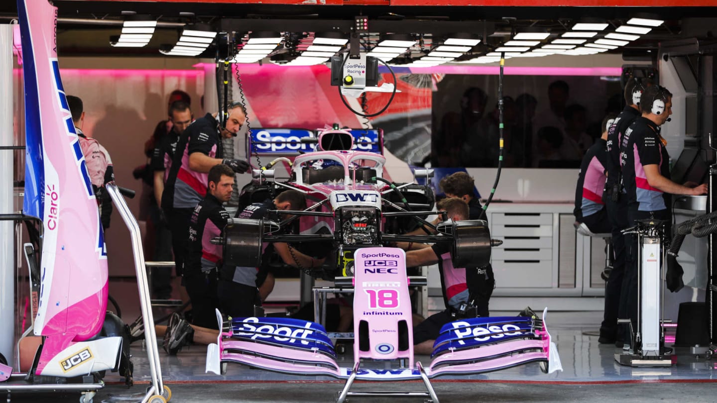 CIRCUIT DE BARCELONA-CATALUNYA, SPAIN - MAY 11: Mechanics work on the car of Lance Stroll, Racing Point RP19, in the garage during the Spanish GP at Circuit de Barcelona-Catalunya on May 11, 2019 in Circuit de Barcelona-Catalunya, Spain. (Photo by Steven Tee / LAT Images)