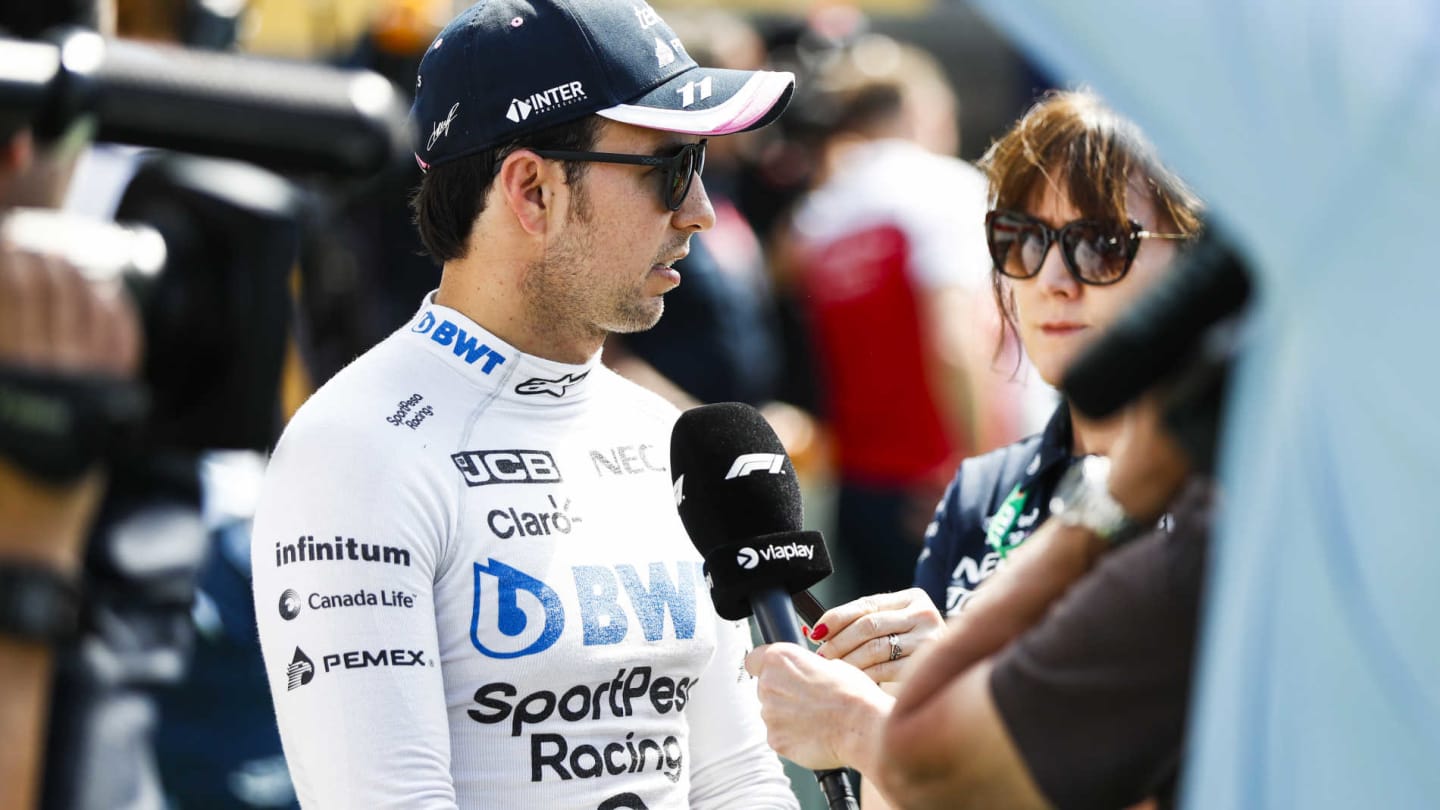 CIRCUIT DE BARCELONA-CATALUNYA, SPAIN - MAY 11: Sergio Perez, Racing Point, is interviewed after Qualifying during the Spanish GP at Circuit de Barcelona-Catalunya on May 11, 2019 in Circuit de Barcelona-Catalunya, Spain. (Photo by Glenn Dunbar / LAT Images)