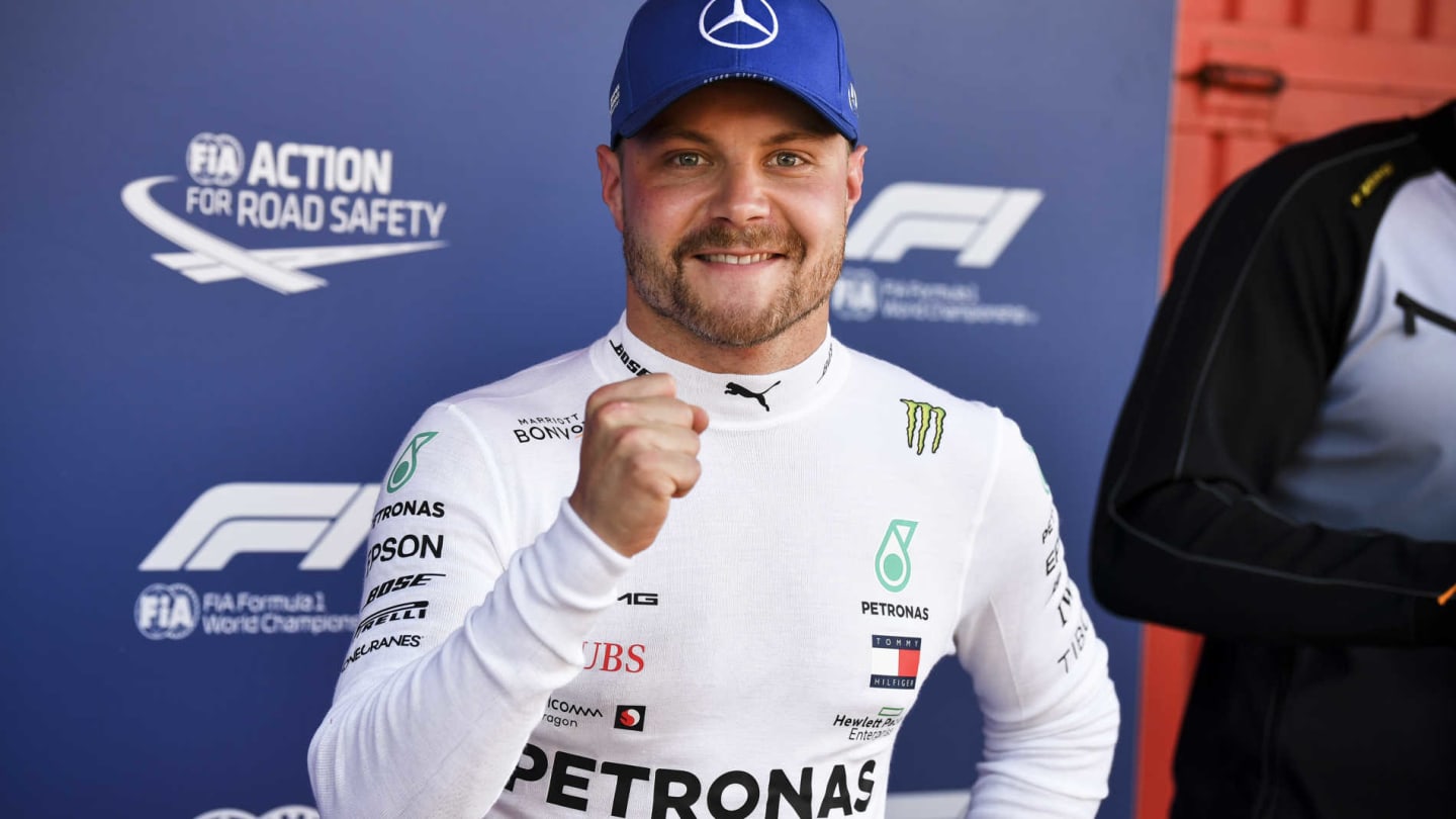 CIRCUIT DE BARCELONA-CATALUNYA, SPAIN - MAY 11: Pole Sitter Valtteri Bottas, Mercedes AMG F1 celebrates in Parc Ferme during the Spanish GP at Circuit de Barcelona-Catalunya on May 11, 2019 in Circuit de Barcelona-Catalunya, Spain. (Photo by Mark Sutton / Sutton Images)