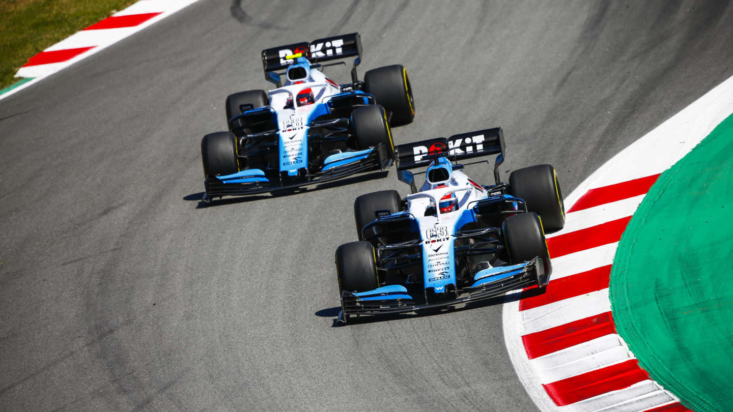 CIRCUIT DE BARCELONA-CATALUNYA, SPAIN - MAY 12: George Russell, Williams Racing FW42, leads Robert Kubica, Williams FW42 during the Spanish GP at Circuit de Barcelona-Catalunya on May 12, 2019 in Circuit de Barcelona-Catalunya, Spain. (Photo by Andy Hone / LAT Images)