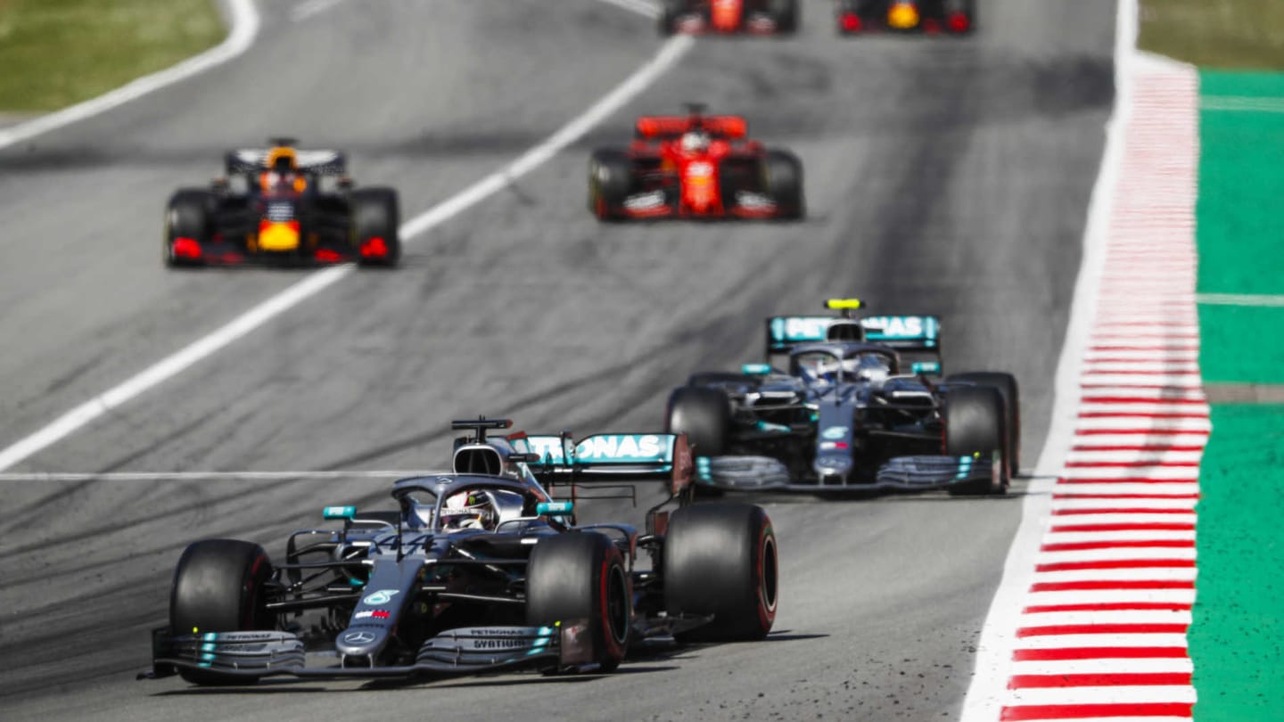CIRCUIT DE BARCELONA-CATALUNYA, SPAIN - MAY 12: Lewis Hamilton, Mercedes AMG F1 W10 leads Valtteri
