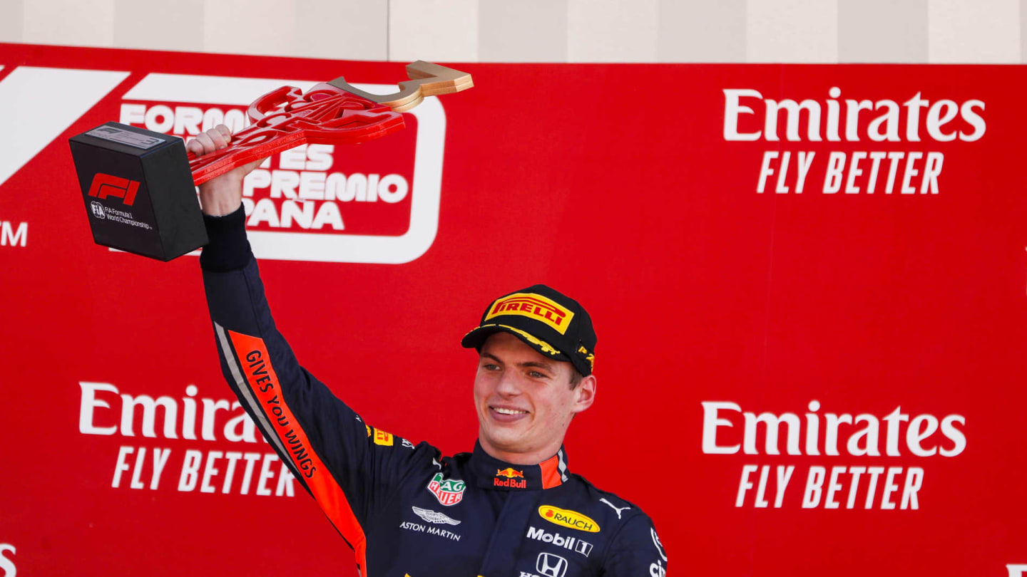 CIRCUIT DE BARCELONA-CATALUNYA, SPAIN - MAY 12: Max Verstappen, Red Bull Racing celebrates on the podium with the trophy during the Spanish GP at Circuit de Barcelona-Catalunya on May 12, 2019 in Circuit de Barcelona-Catalunya, Spain. (Photo by Zak Mauger / LAT Images)