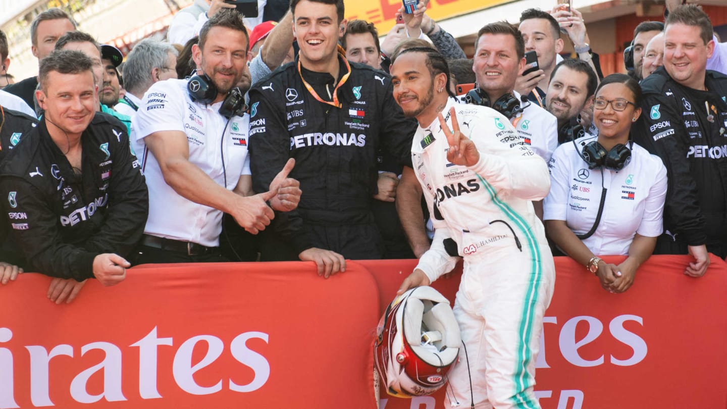 CIRCUIT DE BARCELONA-CATALUNYA, SPAIN - MAY 12: Lewis Hamilton, Mercedes AMG F1, 1st position, celebrates with his team in Parc Ferme during the Spanish GP at Circuit de Barcelona-Catalunya on May 12, 2019 in Circuit de Barcelona-Catalunya, Spain. (Photo by Simon Galloway / Sutton Images)