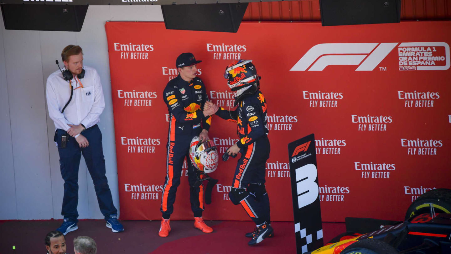 CIRCUIT DE BARCELONA-CATALUNYA, SPAIN - MAY 12: Pierre Gasly, Red Bull Racing, congratulates his team mate Max Verstappen, Red Bull Racing, 3rd position, in Parc Ferme during the Spanish GP at Circuit de Barcelona-Catalunya on May 12, 2019 in Circuit de Barcelona-Catalunya, Spain. (Photo by Jerry Andre / Sutton Images)