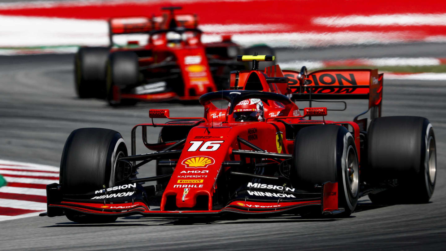 CIRCUIT DE BARCELONA-CATALUNYA, SPAIN - MAY 12: Charles Leclerc, Ferrari SF90, leads Sebastian