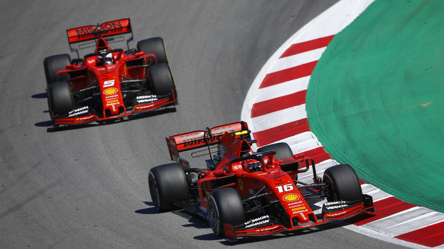 CIRCUIT DE BARCELONA-CATALUNYA, SPAIN - MAY 12: Charles Leclerc, Ferrari SF90, leads Sebastian