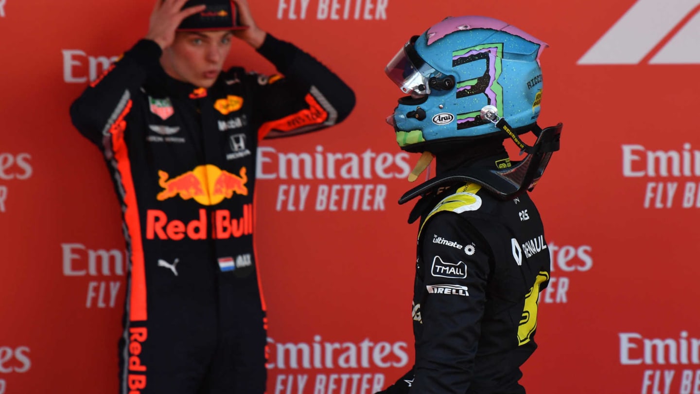 CIRCUIT DE BARCELONA-CATALUNYA, SPAIN - MAY 12: Daniel Ricciardo, Renault, passes Max Verstappen,