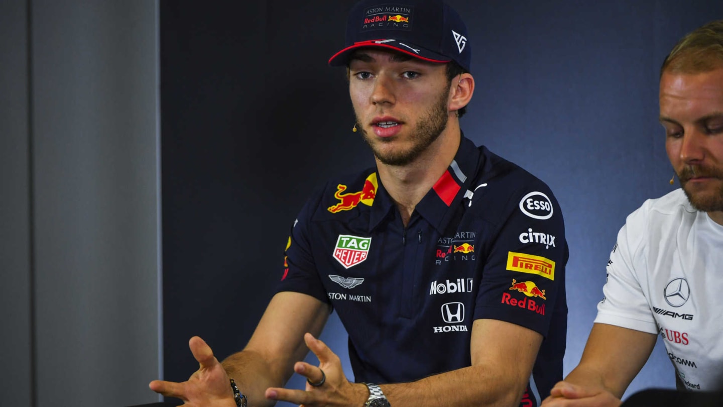 CIRCUIT DE BARCELONA-CATALUNYA, SPAIN - MAY 09: Pierre Gasly, Red Bull Racing and Valtteri Bottas, Mercedes AMG F1 in Press Conference during the Spanish GP at Circuit de Barcelona-Catalunya on May 09, 2019 in Circuit de Barcelona-Catalunya, Spain. (Photo by Mark Sutton / Sutton Images)