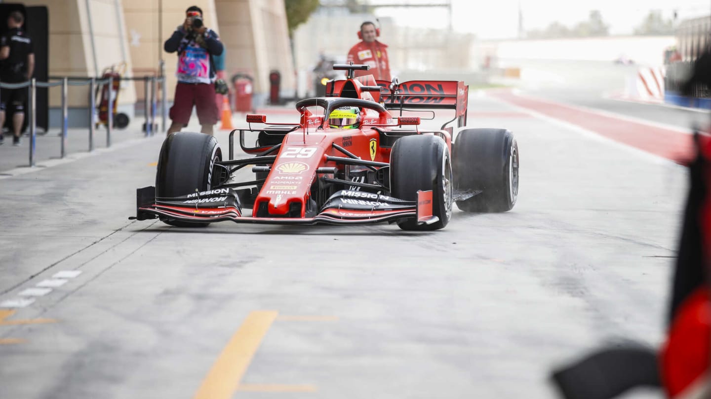 BAHRAIN INTERNATIONAL CIRCUIT, BAHRAIN - APRIL 02: Mick Schumacher, Ferrari SF90, returns to the garage during the Bahrain April testing at Bahrain International Circuit on April 02, 2019 in Bahrain International Circuit, Bahrain. (Photo by Joe Portlock / LAT Images)