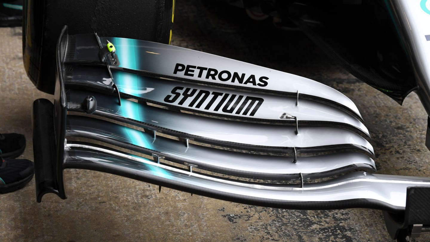 CIRCUIT DE BARCELONA-CATALUNYA, SPAIN - FEBRUARY 20: Mercedes-AMG F1 W10 EQ Power+ front wing detail during the Barcelona February testing at Circuit de Barcelona-Catalunya on February 20, 2019 in Circuit de Barcelona-Catalunya, Spain. (Photo by Mark Sutton / Sutton Images)