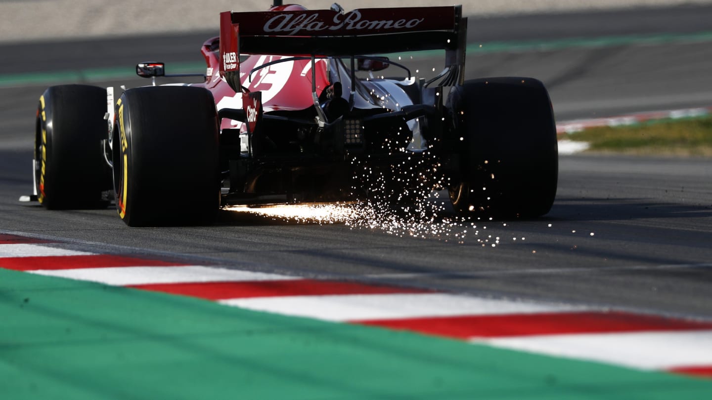 CIRCUIT DE BARCELONA-CATALUNYA, SPAIN - MARCH 01: Kimi Raikkonen, Alfa Romeo Racing C38 sparks