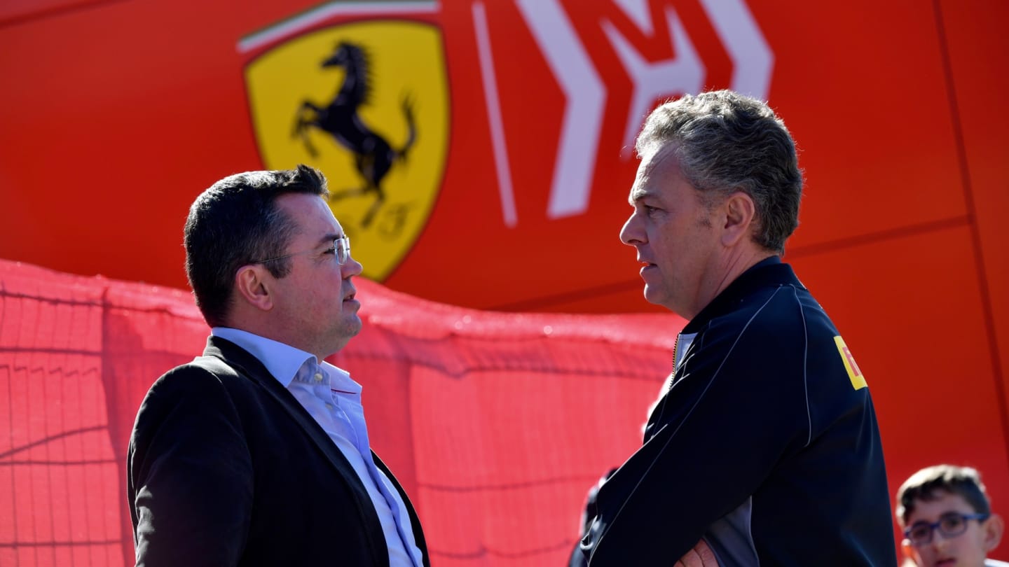 CIRCUIT DE BARCELONA-CATALUNYA, SPAIN - FEBRUARY 26: Eric Boullier and Mario Isola, Racing Manager, Pirelli Motorsport during the Barcelona February testing II at Circuit de Barcelona-Catalunya on February 26, 2019 in Circuit de Barcelona-Catalunya, Spain. (Photo by Jerry Andre)