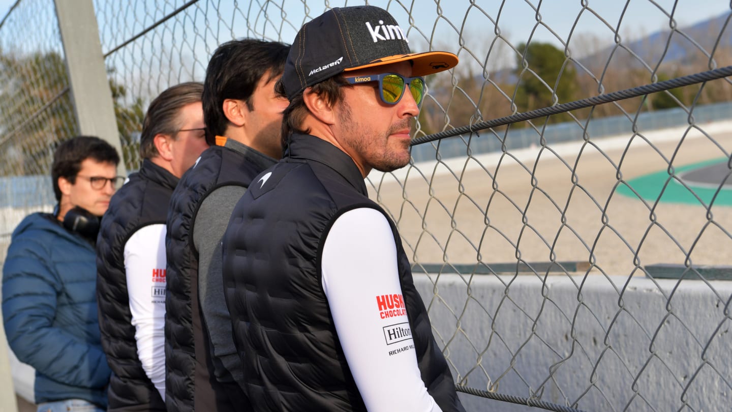 CIRCUIT DE BARCELONA-CATALUNYA, SPAIN - FEBRUARY 26: Fernando Alonso watches the action trackside during the Barcelona February testing II at Circuit de Barcelona-Catalunya on February 26, 2019 in Circuit de Barcelona-Catalunya, Spain.