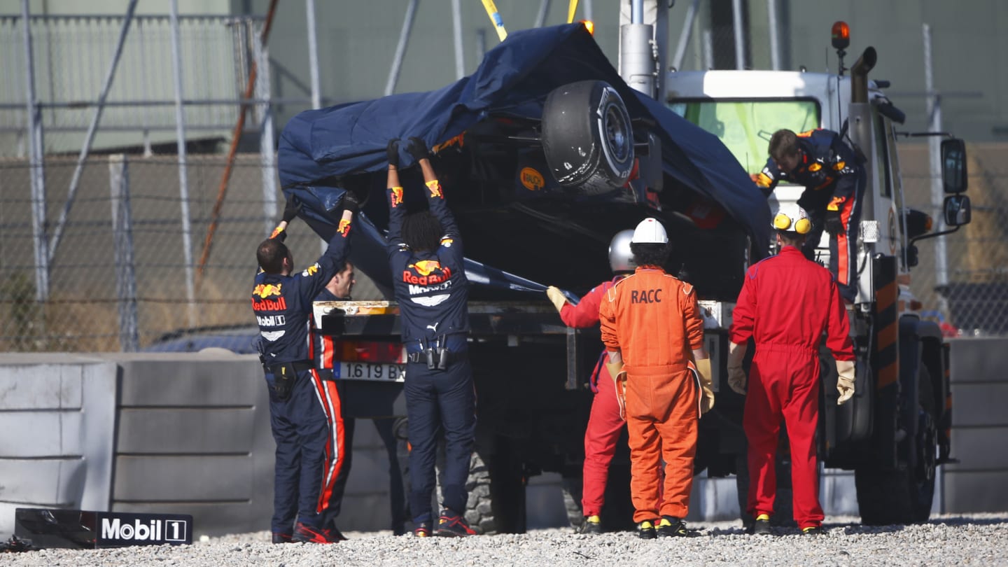 CIRCUIT DE BARCELONA-CATALUNYA, SPAIN - FEBRUARY 28: The crashed car of Pierre Gasly, Red Bull