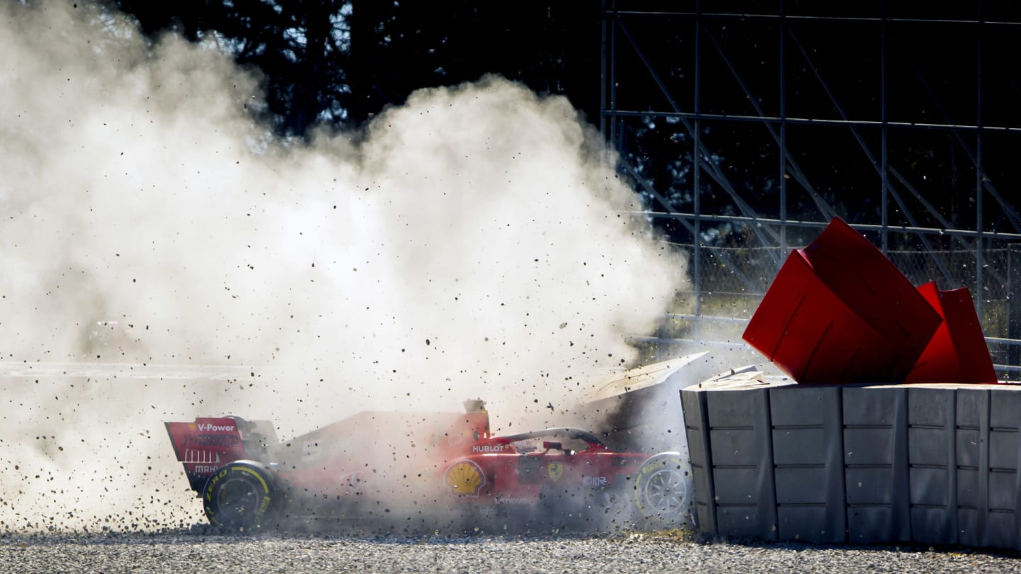 CIRCUIT DE BARCELONA-CATALUNYA, SPAIN - FEBRUARY 27: Sebastian Vettel, Ferrari SF90, crashes at