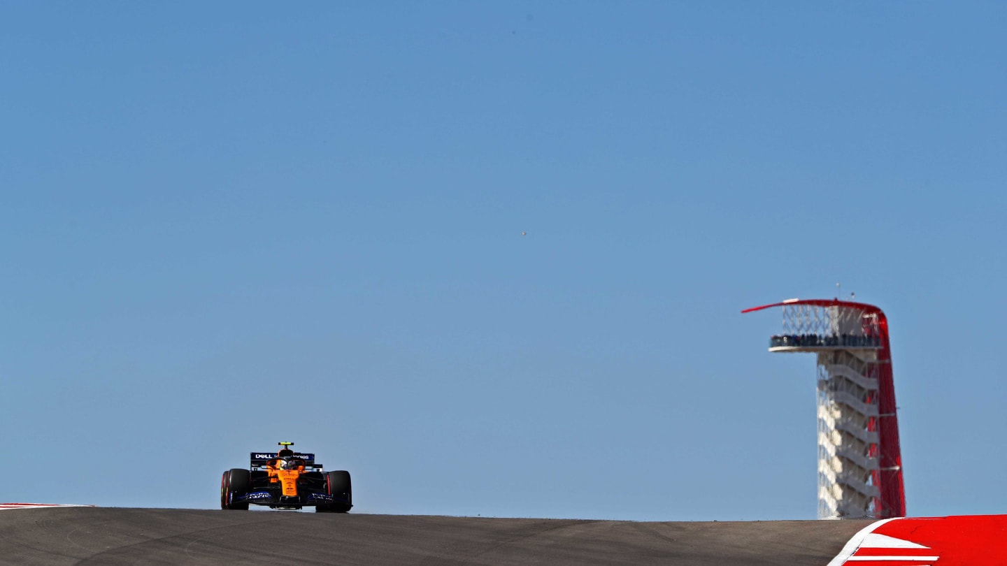 AUSTIN, TEXAS - NOVEMBER 01: Lando Norris of Great Britain driving the (4) McLaren F1 Team MCL34 Renault on track during practice for the F1 Grand Prix of USA at Circuit of The Americas on November 01, 2019 in Austin, Texas. (Photo by Mark Thompson/Getty Images)