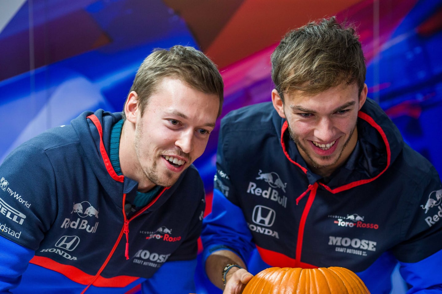 AUSTIN, TEXAS - OCTOBER 31: Daniil Kvyat of Scuderia Toro Rosso and Russia and Pierre Gasly of