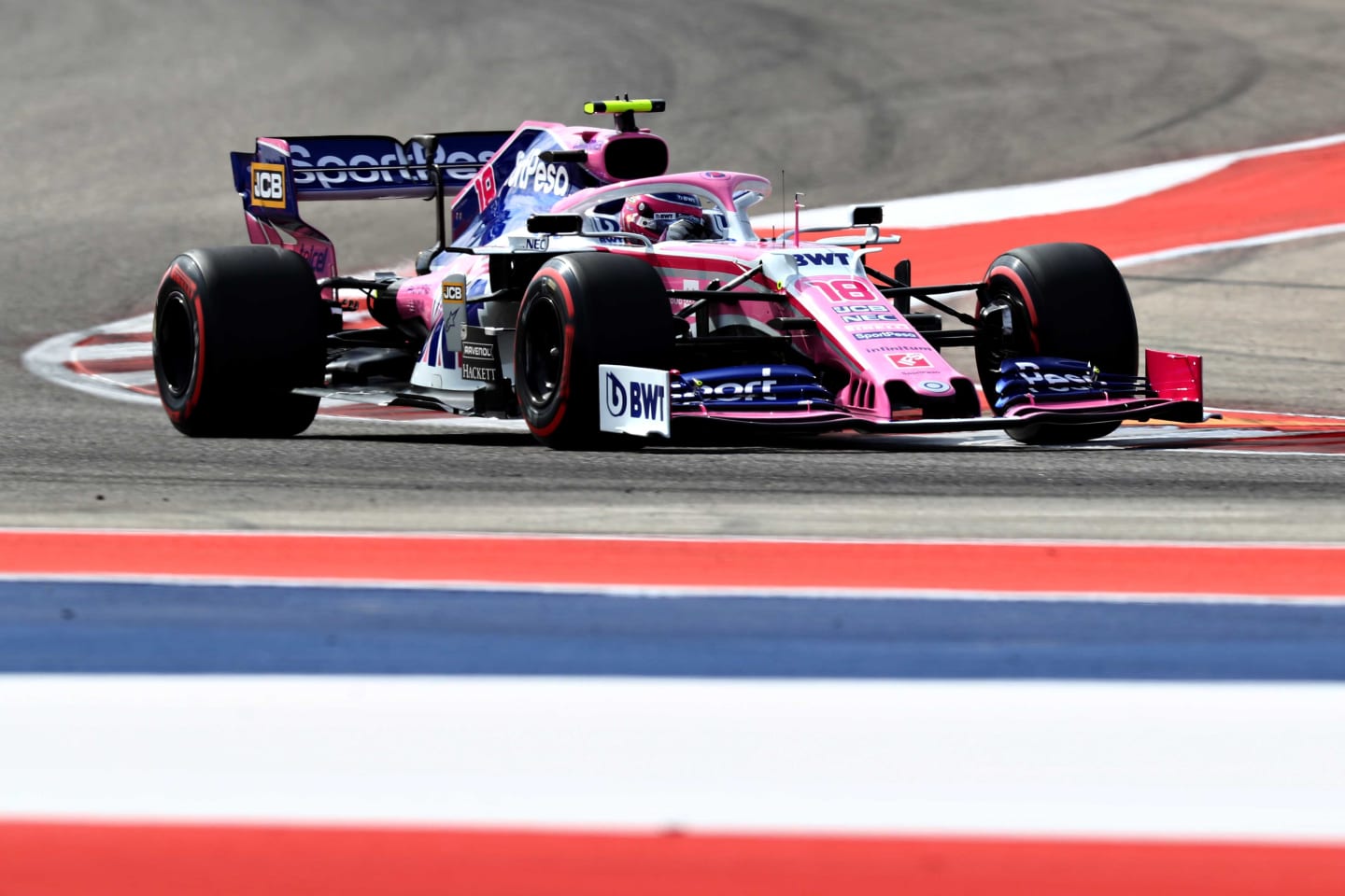 AUSTIN, TEXAS - NOVEMBER 02: Lance Stroll of Canada driving the (18) Racing Point RP19 Mercedes on track during final practice for the F1 Grand Prix of USA at Circuit of The Americas on November 02, 2019 in Austin, Texas. (Photo by Mark Thompson/Getty Images)