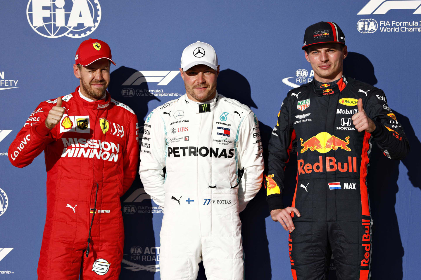AUSTIN, TEXAS - NOVEMBER 02: Top three qualifiers Valtteri Bottas of Finland and Mercedes GP,