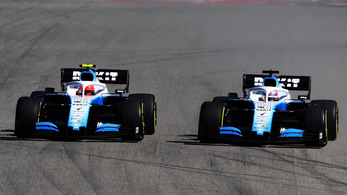 AUSTIN, TEXAS - NOVEMBER 03: George Russell of Great Britain driving the (63) Rokit Williams Racing FW42 Mercedes and Robert Kubica of Poland driving the (88) Rokit Williams Racing FW42 Mercedes battle for position during the F1 Grand Prix of USA at Circuit of The Americas on November 03, 2019 in Austin, Texas. (Photo by Clive Mason/Getty Images)