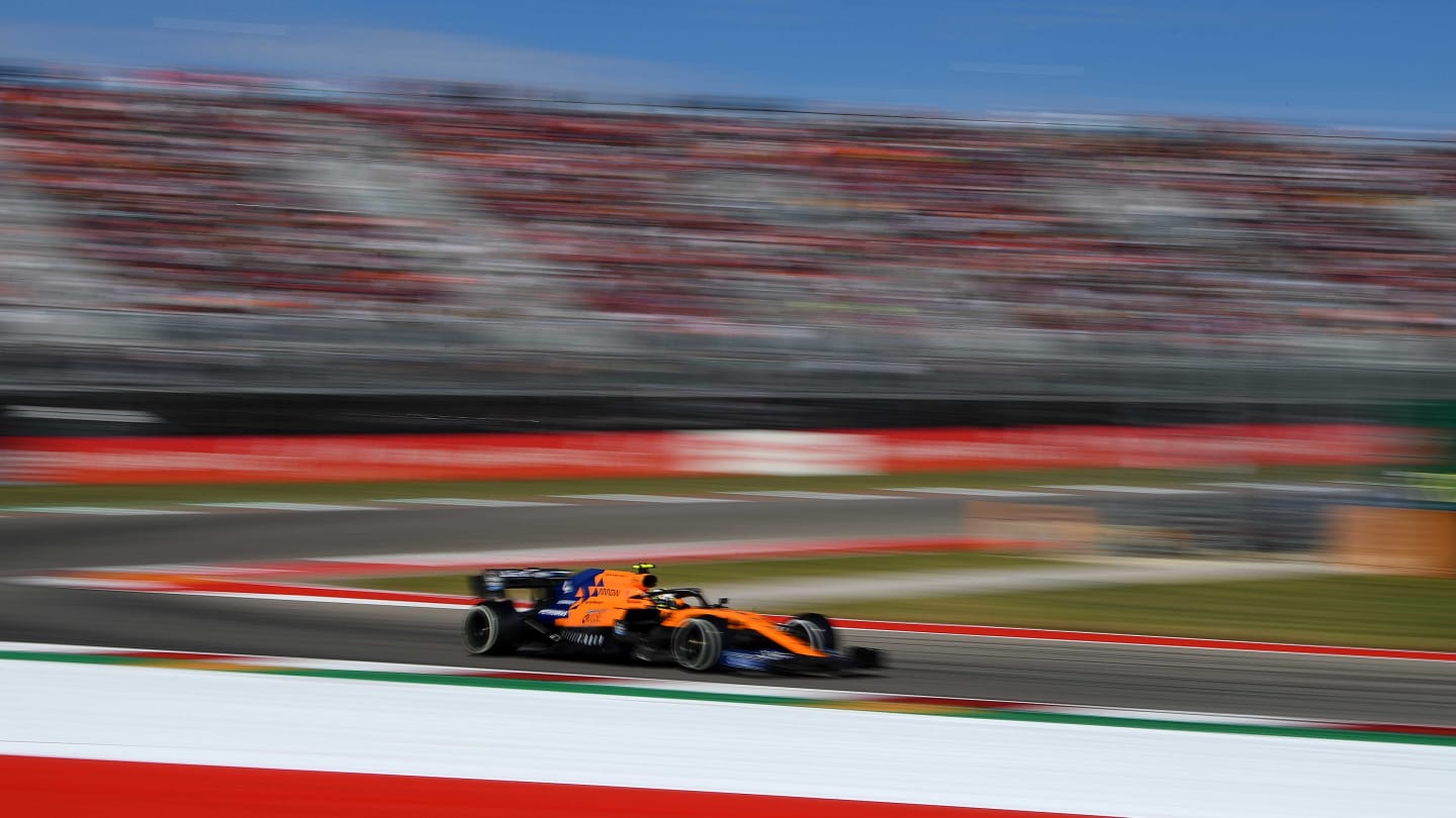 AUSTIN, TEXAS - NOVEMBER 03: Lando Norris of Great Britain driving the (4) McLaren F1 Team MCL34 Renault on track during the F1 Grand Prix of USA at Circuit of The Americas on November 03, 2019 in Austin, Texas. (Photo by Clive Mason/Getty Images)