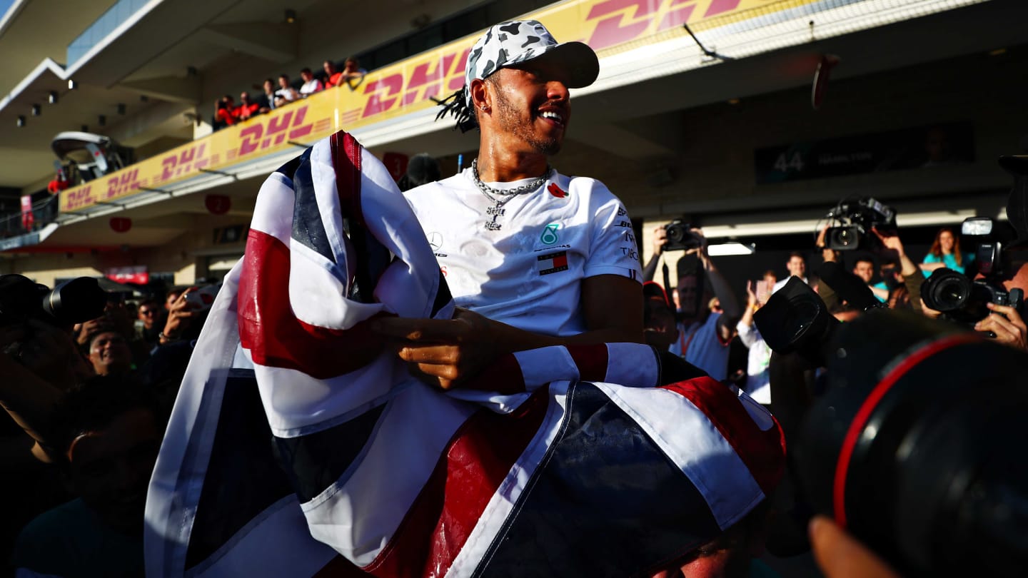 AUSTIN, TEXAS - NOVEMBER 03: 2019 Formula One World Drivers Champion Lewis Hamilton of Great Britain and Mercedes GP celebrates after the F1 Grand Prix of USA at Circuit of The Americas on November 03, 2019 in Austin, Texas. (Photo by Dan Istitene/Getty Images)